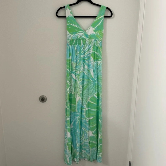 Lilly Pulitzer Isla Green Sheen Fronds Place Tassel Tie Jersey Long Maxi Dress - Picture 6 of 9
